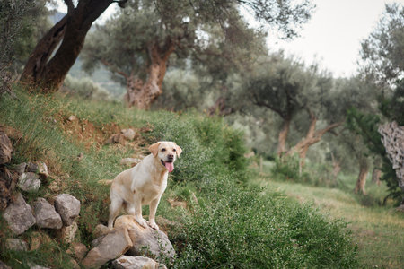 Labrador Retriever dog surveys the grove from a stony outcrop, poised and observant.