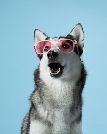 Siberian Husky with striking blue eyes dons pink sunglasses in a studio settingの写真素材