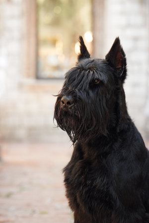 A thoughtful black Schnauzer dog gazes into the distance, its expressive eyes