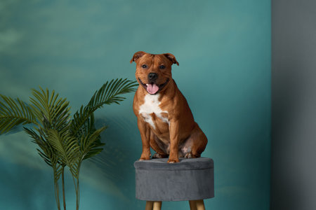 A cheerful Staffordshire Bull Terrier dog sits proudly a soothing teal backdropの写真素材