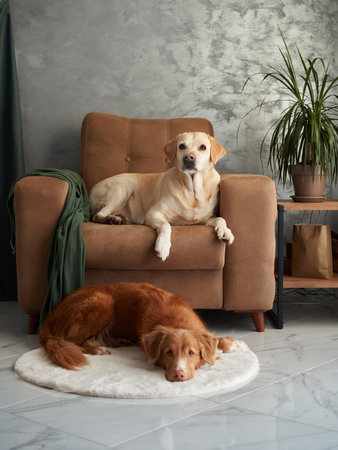 two dogs rests on the floor, both enjoying a peaceful living room.
