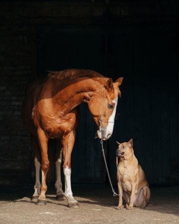 horse with a white blaze interacts with a seated Thai Ridgeback dog