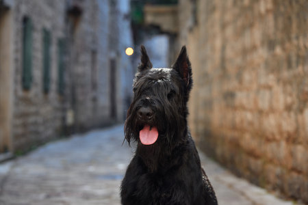 A thoughtful black Schnauzer dog gazes into the distance, its expressive eyes