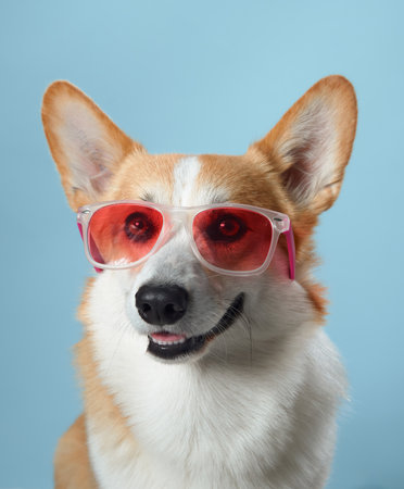 A joyful Pembroke Welsh Corgi dog sports oversized pink sunglassesの写真素材