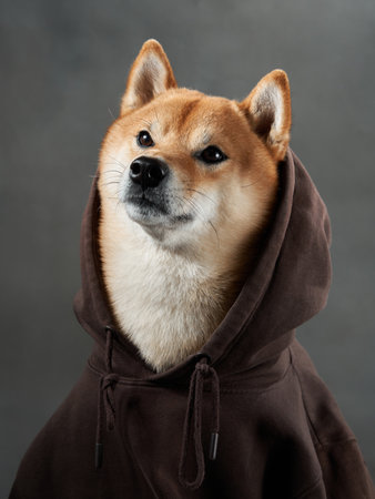 Shiba Inu dog in a hoodie, studio shot.の写真素材