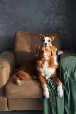 Two dogs pose indoors, a Jack Russell and a Nova Scotia Duck Toller Retriever