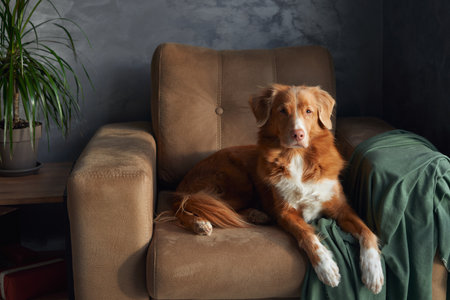 A Nova Scotia Duck Tolling Retriever dog reclines languidly on a tan armchair,の写真素材