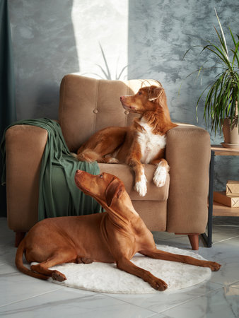 two dogs in a living apace. Vizsla and Retriever enjoy home comforts