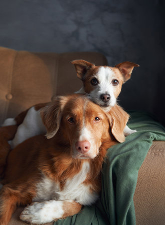 A Nova Scotia Duck Tolling Retriever and a Jack Russell Terrier on an armchairの写真素材
