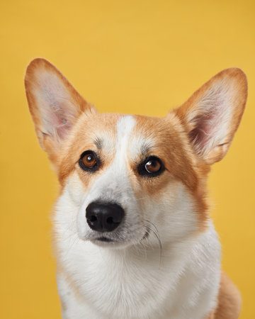 A poised Pembroke Welsh Corgi dog against a vibrant yellow backdrop