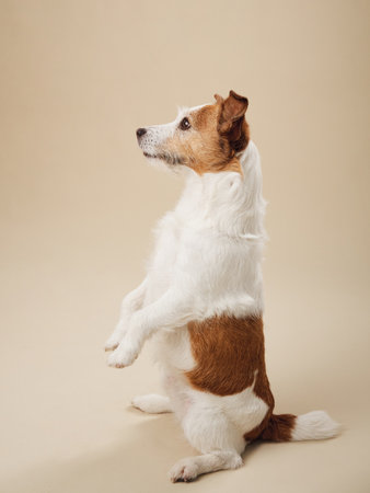 Trained Jack Russell Terrier dog performing a beg against a soft beige canvas