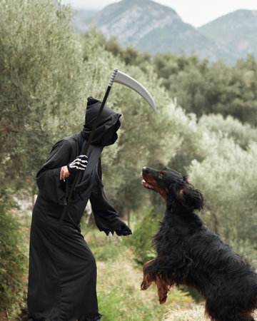 A person dressed as the Grim Reaper in a natural setting is playfully threatened by a Gordon Setter.