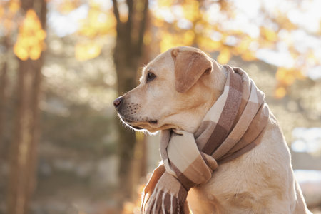 Labrador in Scarf in Autumnの写真素材