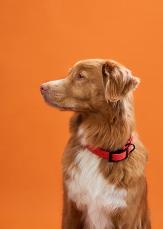 Nova Scotia Duck Tolling Retriever looking sideways against orange backgroundの写真素材