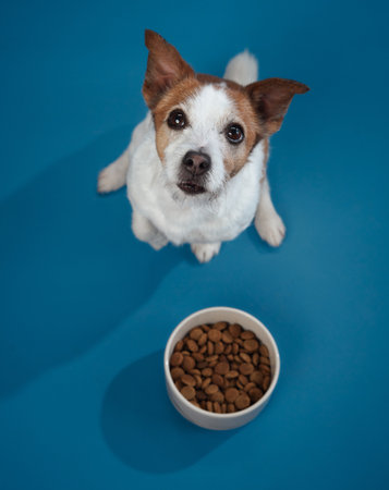 Jack Russell Terrier with food bowl looking up