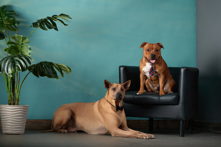 A poised dogs share a moment in an office setting