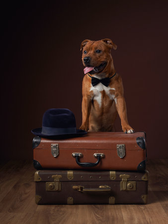 A brown dog with a beaming smile sits atop a pile of old-fashioned luggageの写真素材