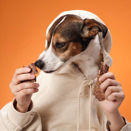 Dog biting a treat on orange backgroundの写真素材