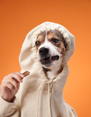 Hoodie-clad dog with treatの写真素材