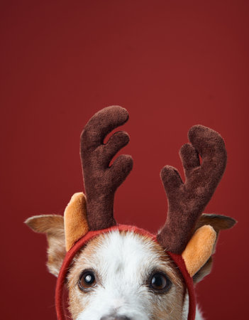 Jack Russell Terrier in holiday antlersの写真素材