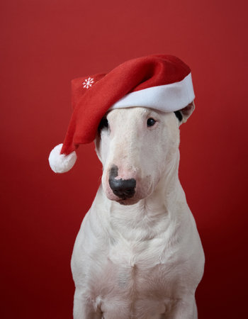Bull Terrier with a festive Santa hat