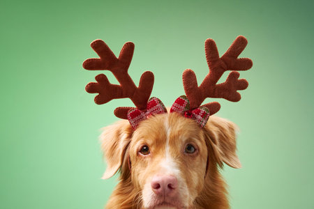 Dog with reindeer antlersの写真素材