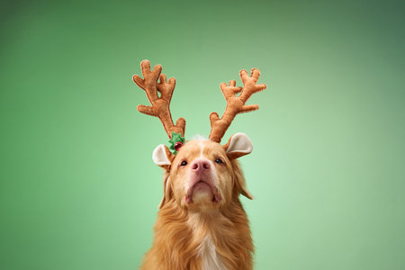 Dog with reindeer antlers on green backgroundの写真素材