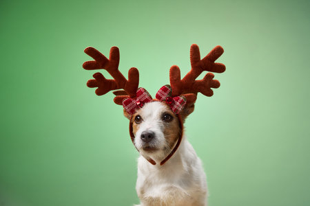 Dog in reindeer antlers on green backgroundの写真素材