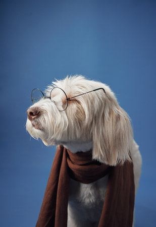 White fluffy dog wearing glasses and scarf on blue background