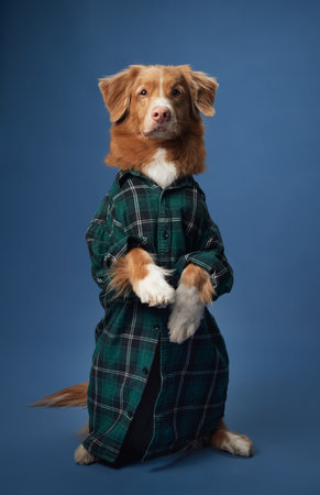 Nova Scotia Duck Tolling Retriever standing in plaid shirt on blue backgroundの写真素材