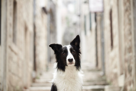 Border Collie sitting in a stone-paved alleyの写真素材
