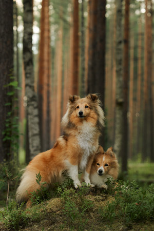 Collies standing in a sunlit forest clearingの写真素材