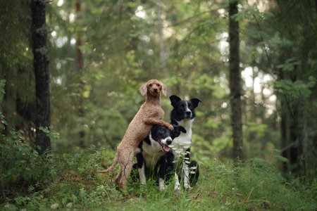 Border Collie and Retriever in forest duo pose