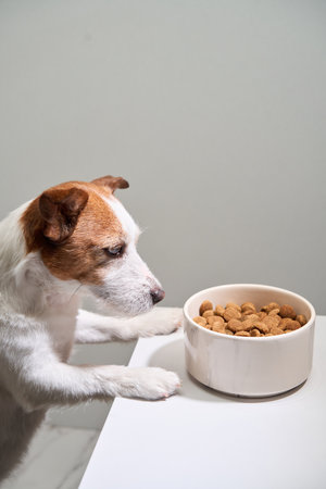 Jack Russell Terrier reaching for food bowl