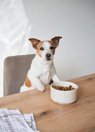 Terrier sitting with food bowl on tableの写真素材