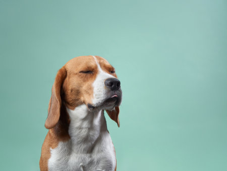 Beagle with a calm expression on green backgroundの写真素材