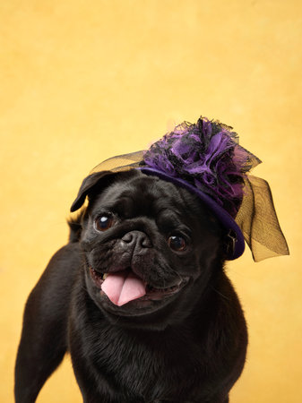 Black Pug with Purple Bow Hatの写真素材