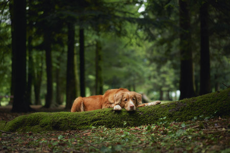 Golden retriever lying on mossの写真素材