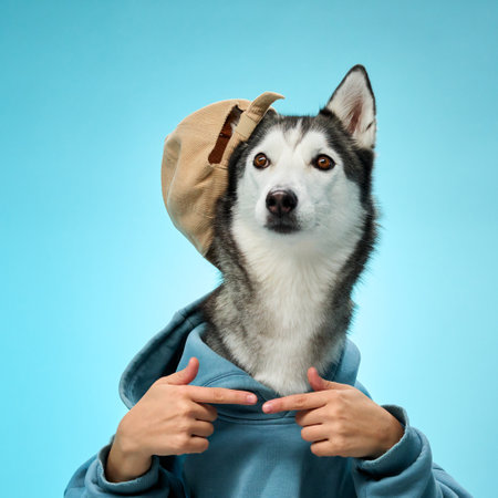 Husky gesturing cheerfully in hoodie