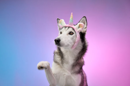 Husky with unicorn headband on colorful backgroundの写真素材