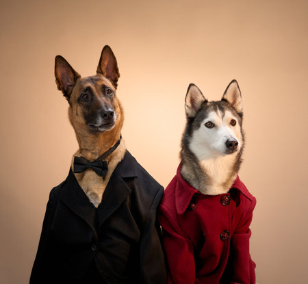Two dogs in formal outfitsの写真素材