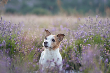 Jack Russell Terrier in purple flowersの写真素材