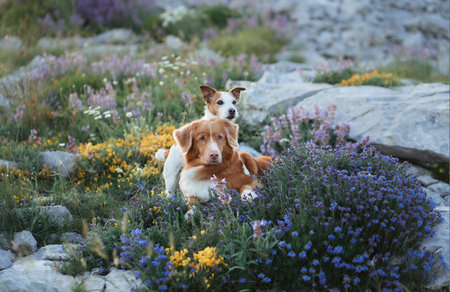 Companionship of two dogs in a serene flower fieldの写真素材