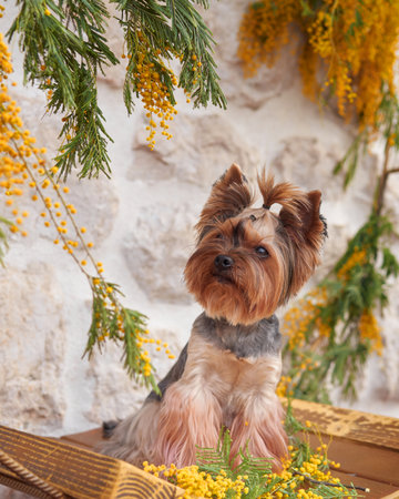 Yorkshire Terrier surrounded by yellow bloomsの写真素材