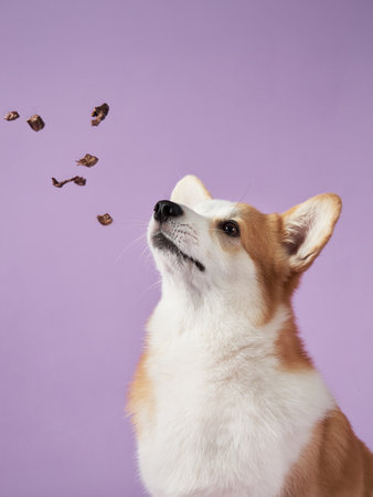 Corgi observing treats in mid-air with curious look on purple backgroundの写真素材