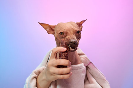 Terrier enjoying snack time with styleの写真素材