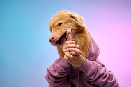 Retriever enjoying treat in vibrant hoodieの写真素材