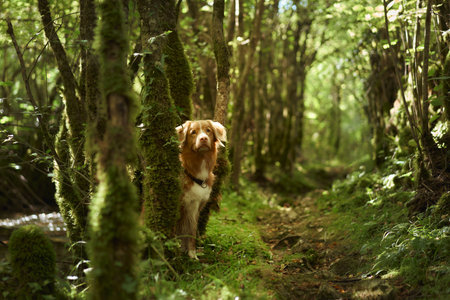 Retriever looking curiously from tree trunkの写真素材