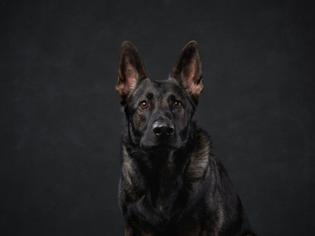 German Shepherd looking straight with black backgroundの写真素材