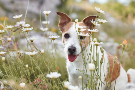 Jack Russell Terrier among daisiesの写真素材